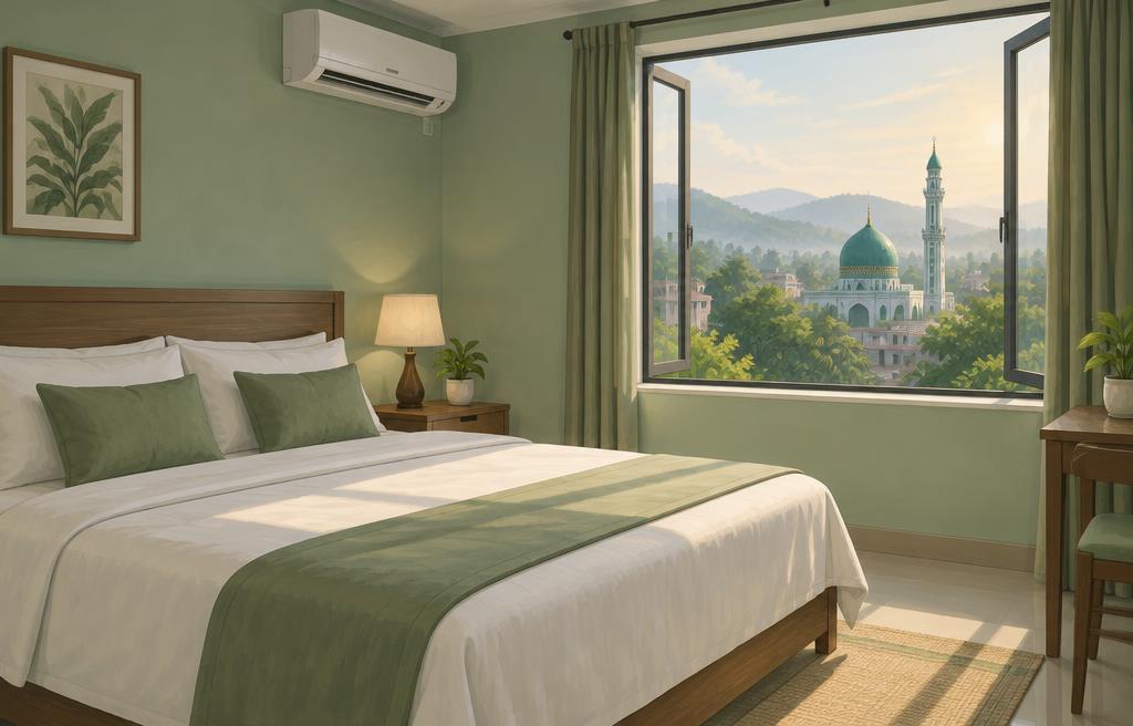 Illustration of a tidy bedroom with a window view of a shrine dome
