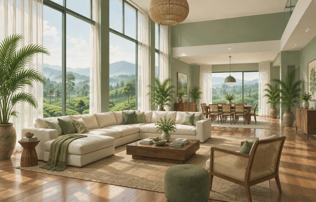 Illustration of a spacious living room with tall windows overlooking green hills