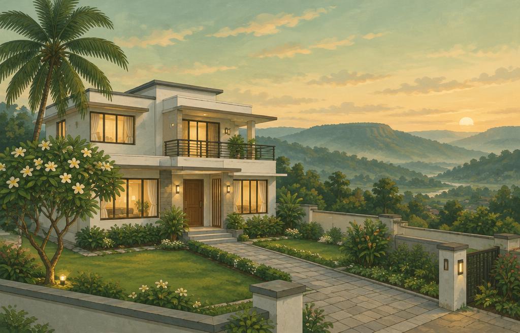 Illustration of a modern two-storey house in Sylhet with a garden and hills beyond