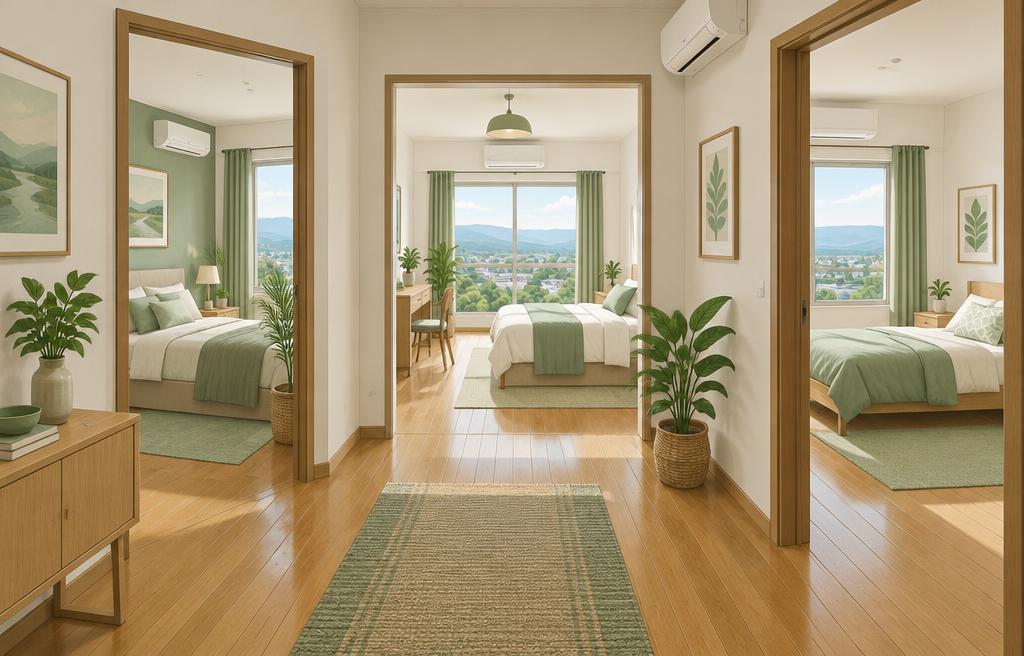 Illustration of a new-build apartment hallway opening into bright bedrooms