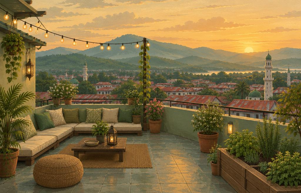 Illustration of a rooftop terrace with seating and string lights above Sylhet