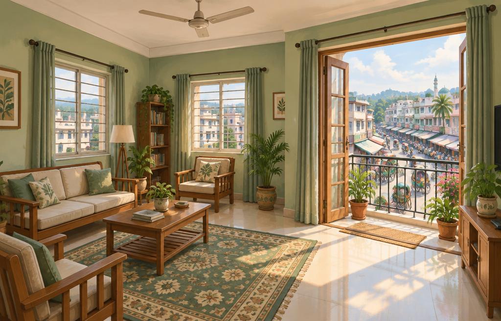 Illustration of a bright flat with a balcony overlooking a busy Sylhet market street