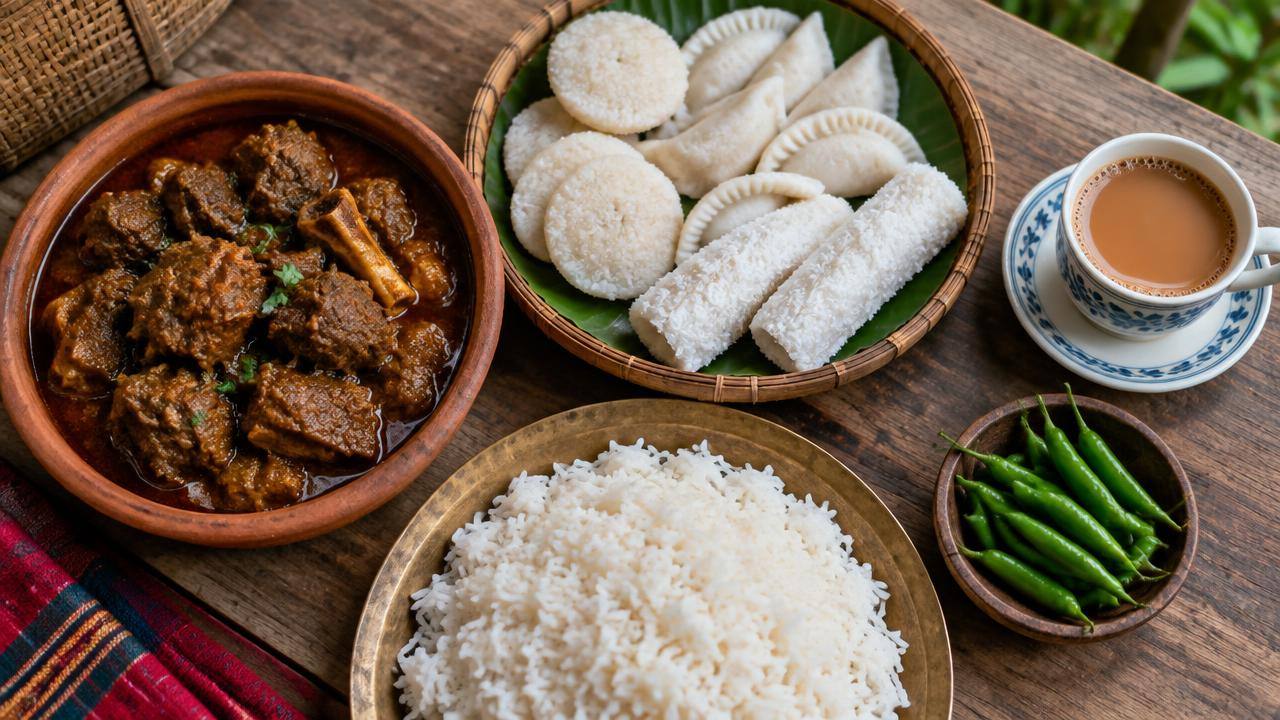 Sylheti dishes: beef curry, pitha, rice and tea