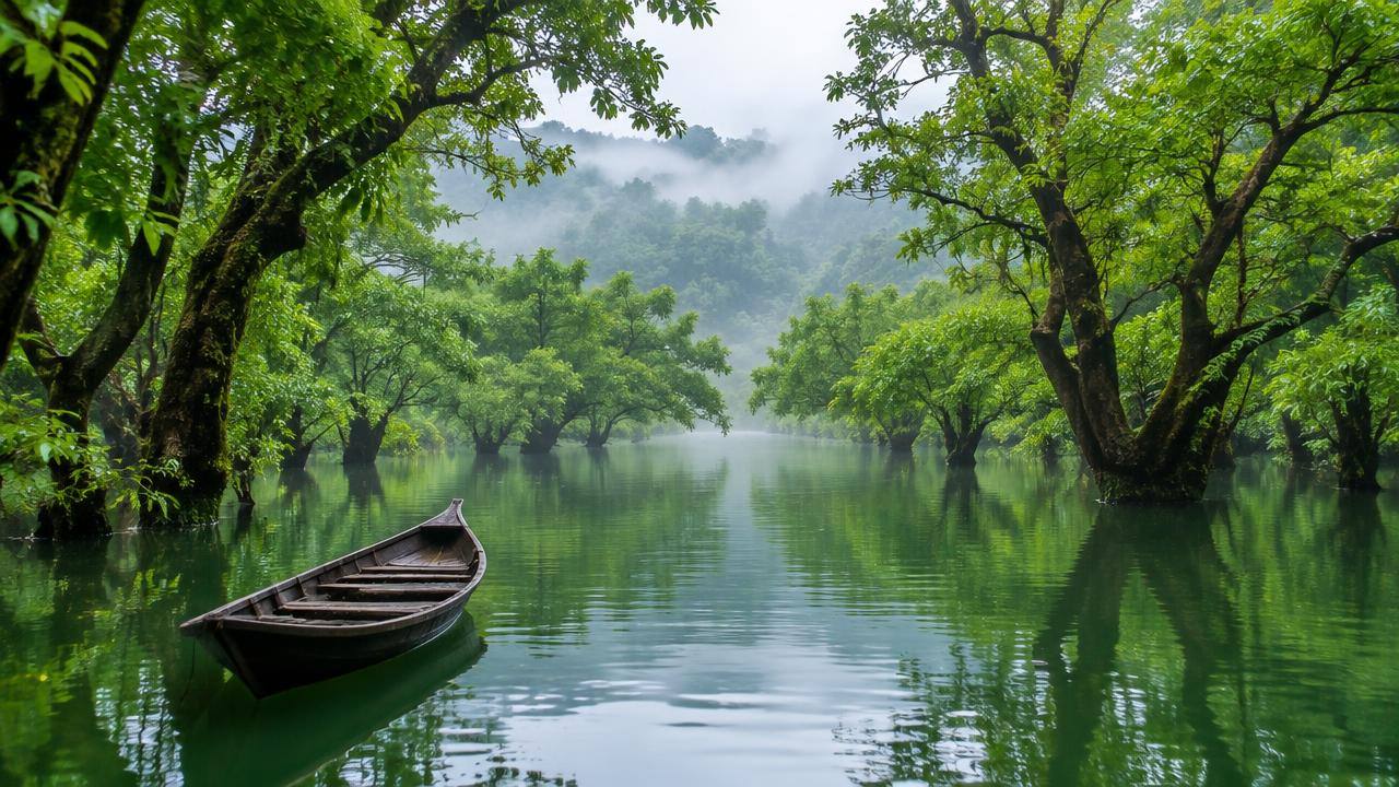 A wooden boat in Ratargul swamp forest, Sylhet